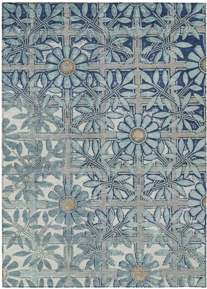 Blue And Gray Floral Washable Indoor Outdoor Area Rug Photo 2