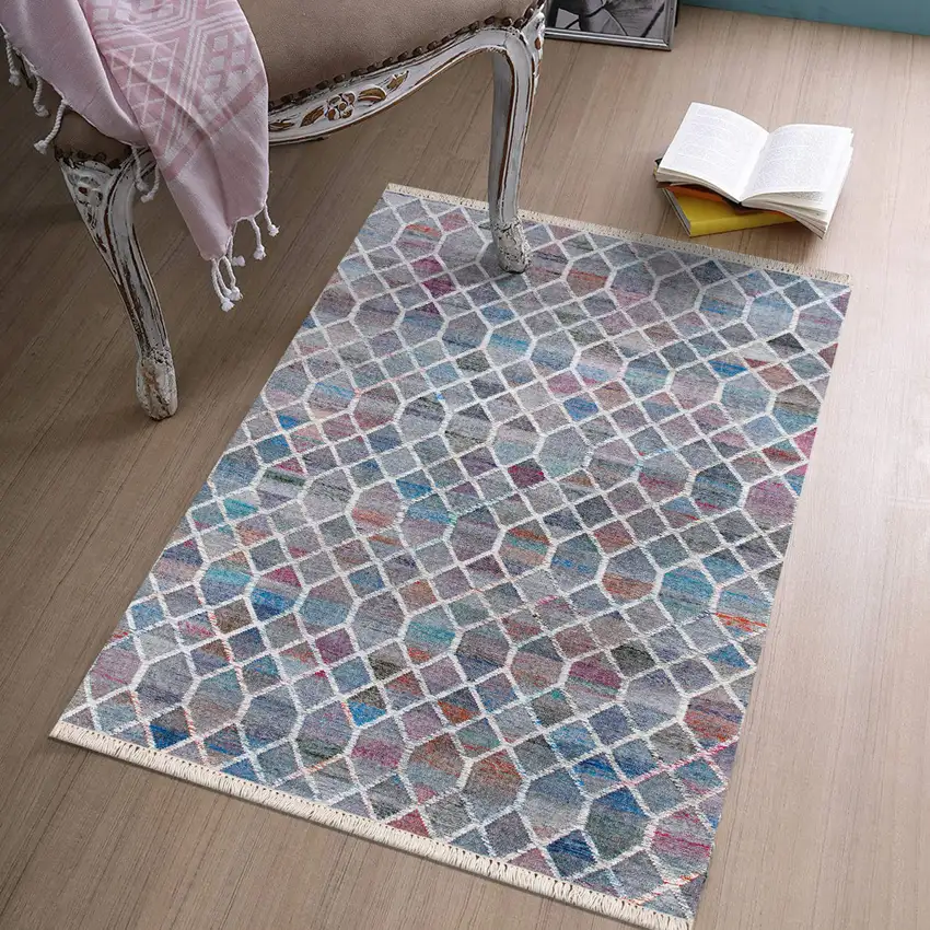 Blue And Gray Geometric Hand Woven Square Rug Photo 7