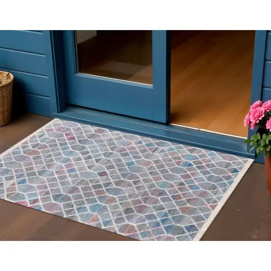 Blue And Gray Geometric Hand Woven Square Rug Photo 1