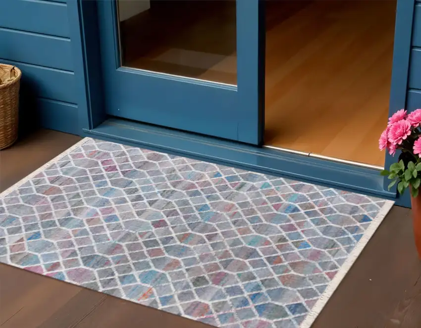 Blue And Gray Geometric Hand Woven Square Rug Photo 1