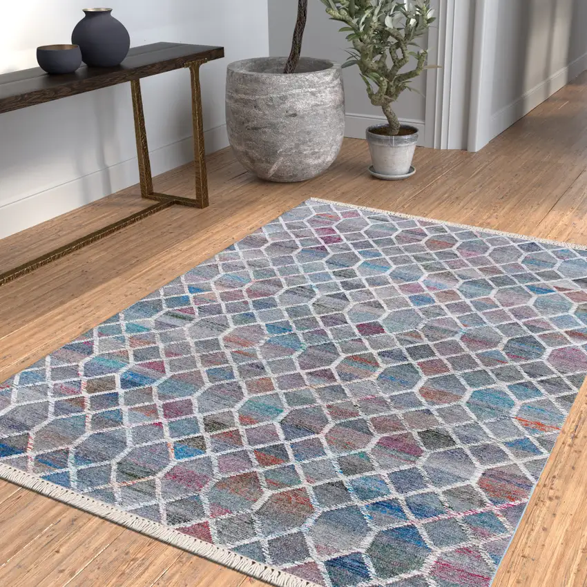 Blue And Gray Geometric Hand Woven Square Rug Photo 8