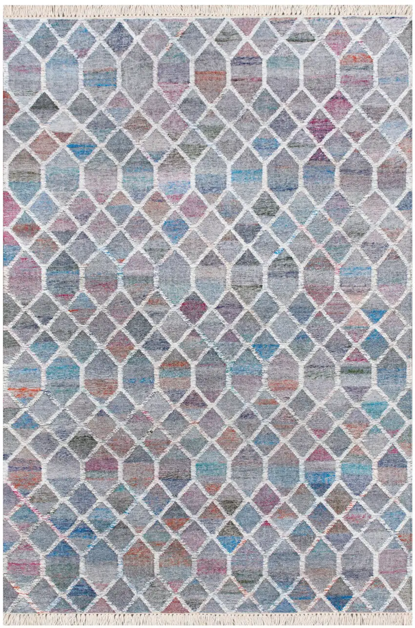 Blue And Gray Geometric Hand Woven Square Rug Photo 2