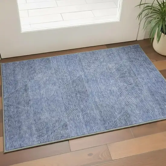 Blue And Gray Geometric Washable Area Rug With UV Protection Photo 2