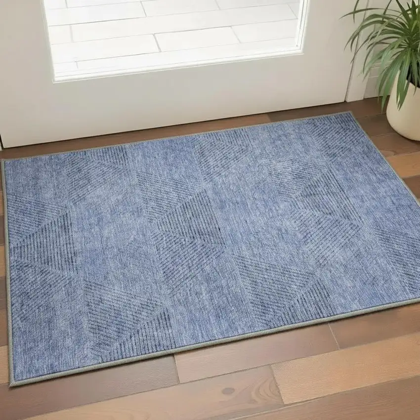 Blue And Gray Geometric Washable Area Rug With UV Protection Photo 2