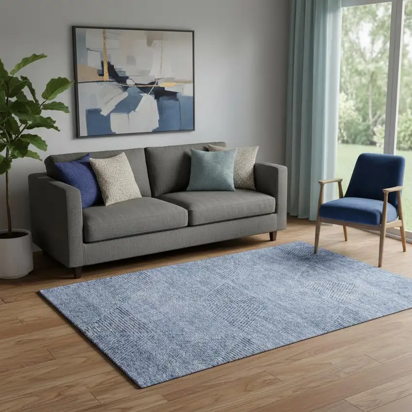 Blue And Gray Geometric Washable Area Rug With UV Protection Photo 1