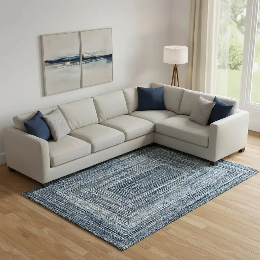 Blue And Gray Geometric Washable Area Rug With UV Protection Photo 2