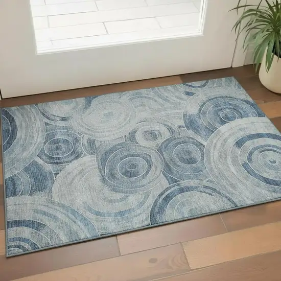 Blue And Gray Geometric Washable Area Rug With UV Protection Photo 2