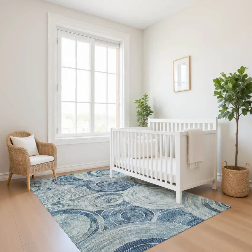 Blue And Gray Geometric Washable Area Rug With UV Protection Photo 5