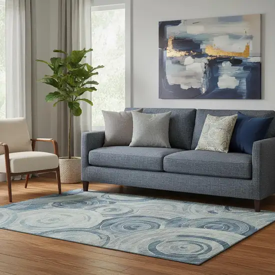 Blue And Gray Geometric Washable Area Rug With UV Protection Photo 2