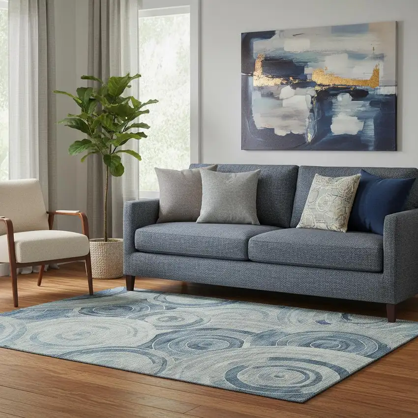 Blue And Gray Geometric Washable Area Rug With UV Protection Photo 2