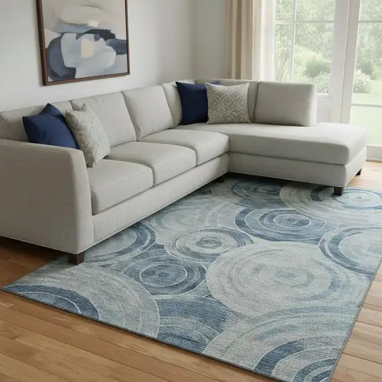 Blue And Gray Geometric Washable Area Rug With UV Protection Photo 2