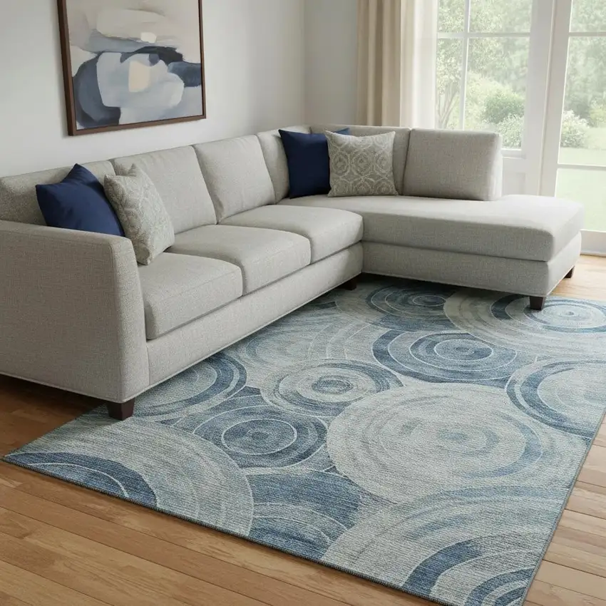 Blue And Gray Geometric Washable Area Rug With UV Protection Photo 2