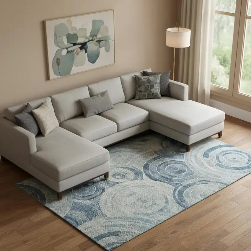 Blue And Gray Geometric Washable Area Rug With UV Protection Photo 2