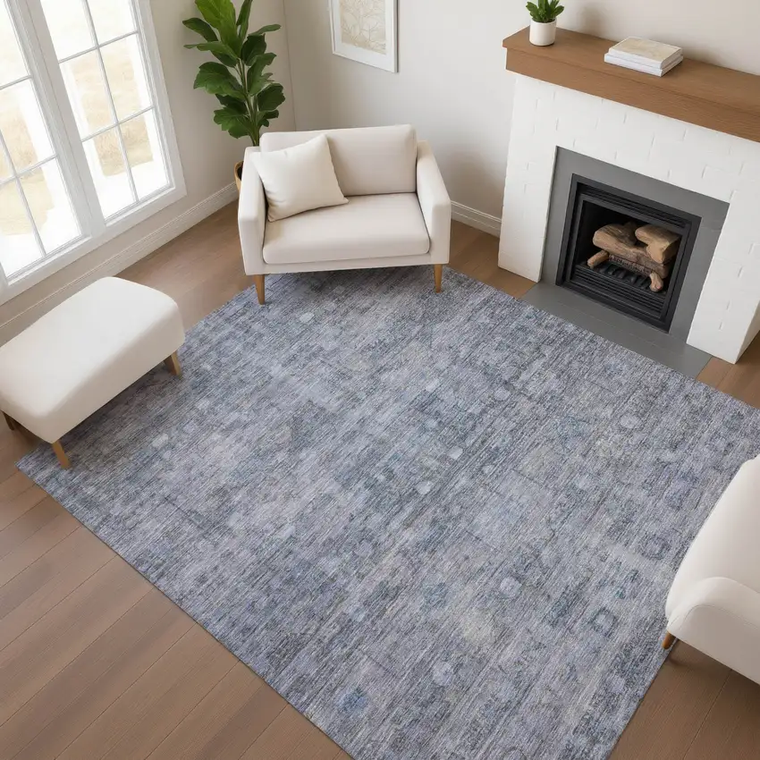 Blue And Gray Geometric Washable Area Rug With UV Protection Photo 4
