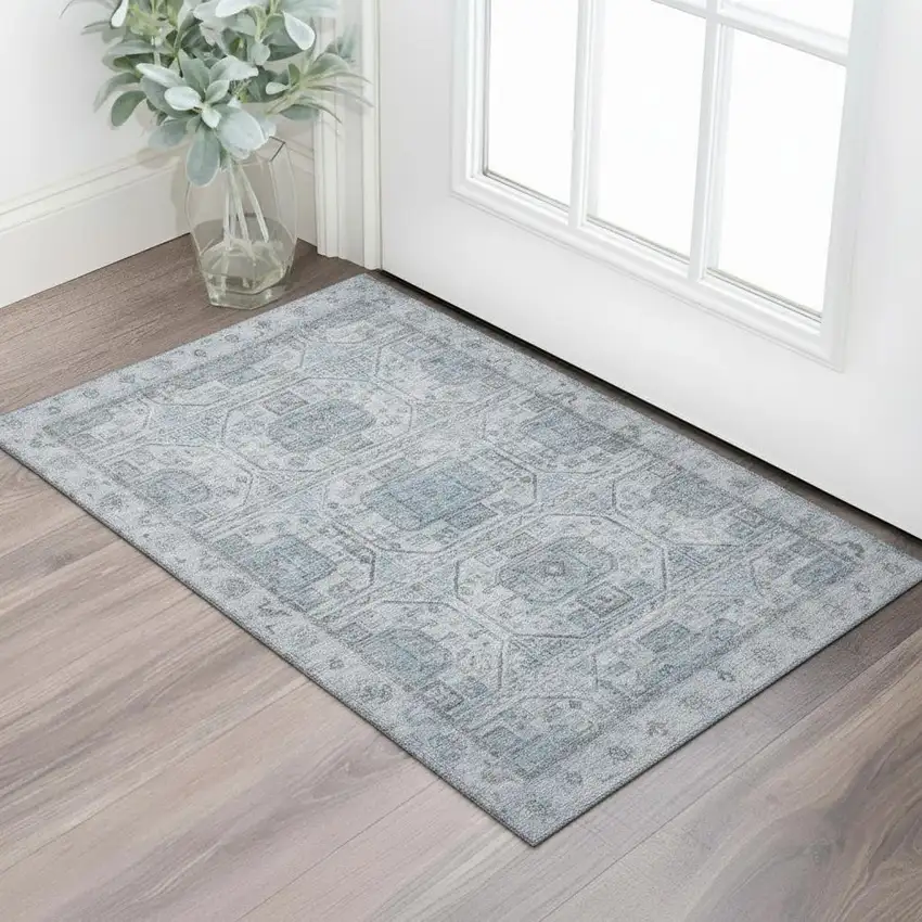 Blue And Gray Geometric Washable Area Rug With UV Protection Photo 2