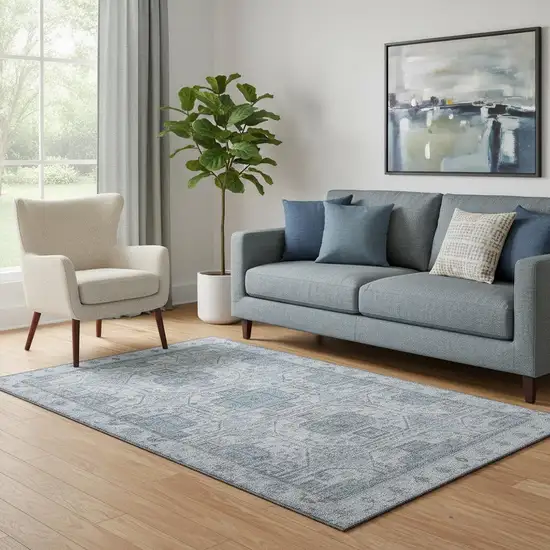 Blue And Gray Geometric Washable Area Rug With UV Protection Photo 2