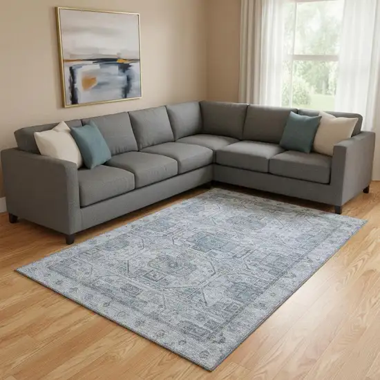 Blue And Gray Geometric Washable Area Rug With UV Protection Photo 2