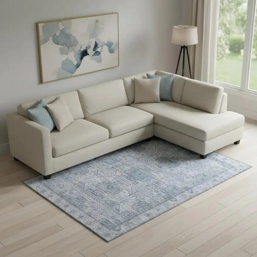 Blue And Gray Geometric Washable Area Rug With UV Protection Photo 2