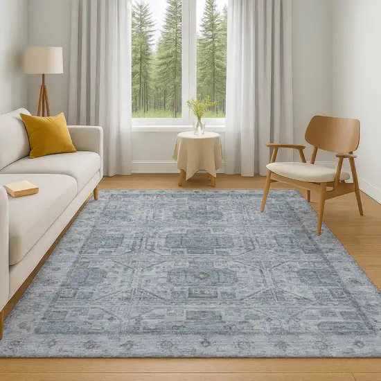 Blue And Gray Geometric Washable Area Rug With UV Protection Photo 6