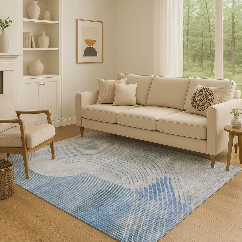 Blue And Gray Geometric Washable Area Rug With UV Protection Photo 4