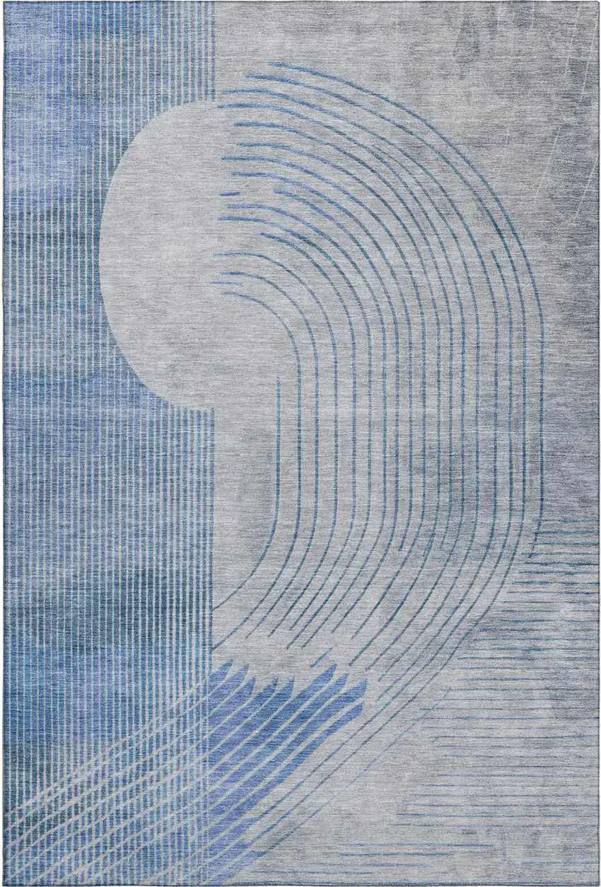 Blue And Gray Geometric Washable Area Rug With UV Protection Photo 7