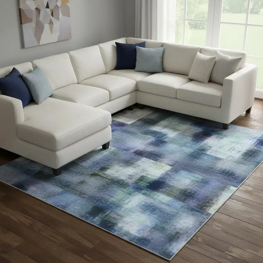 Blue And Gray Geometric Washable Area Rug With UV Protection Photo 2