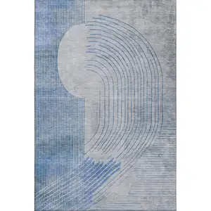 Photo of Blue And Gray Geometric Washable Area Rug With UV Protection