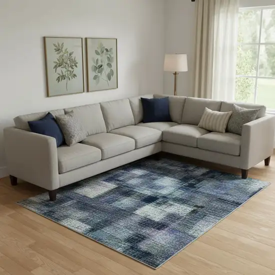 Blue And Gray Geometric Washable Area Rug With UV Protection Photo 2