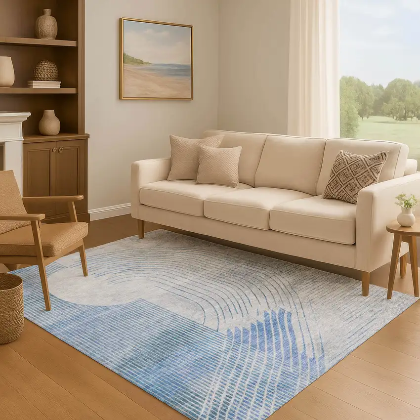 Blue And Gray Geometric Washable Area Rug With UV Protection Photo 5
