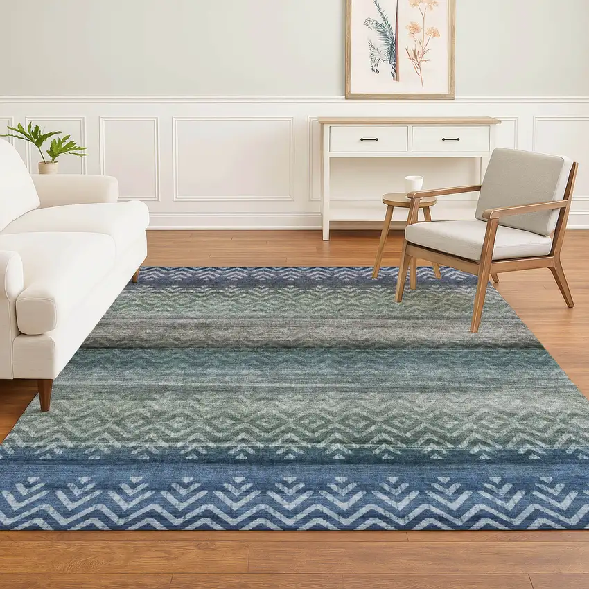Blue And Gray Geometric Washable Area Rug With UV Protection Photo 6