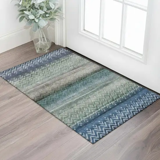 Blue And Gray Geometric Washable Area Rug With UV Protection Photo 2