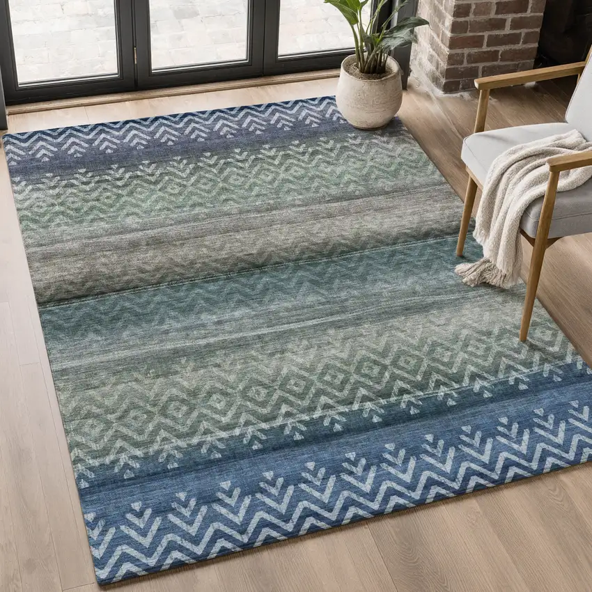 Blue And Gray Geometric Washable Area Rug With UV Protection Photo 5