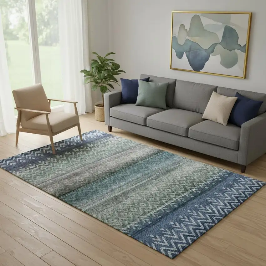 Blue And Gray Geometric Washable Area Rug With UV Protection Photo 2