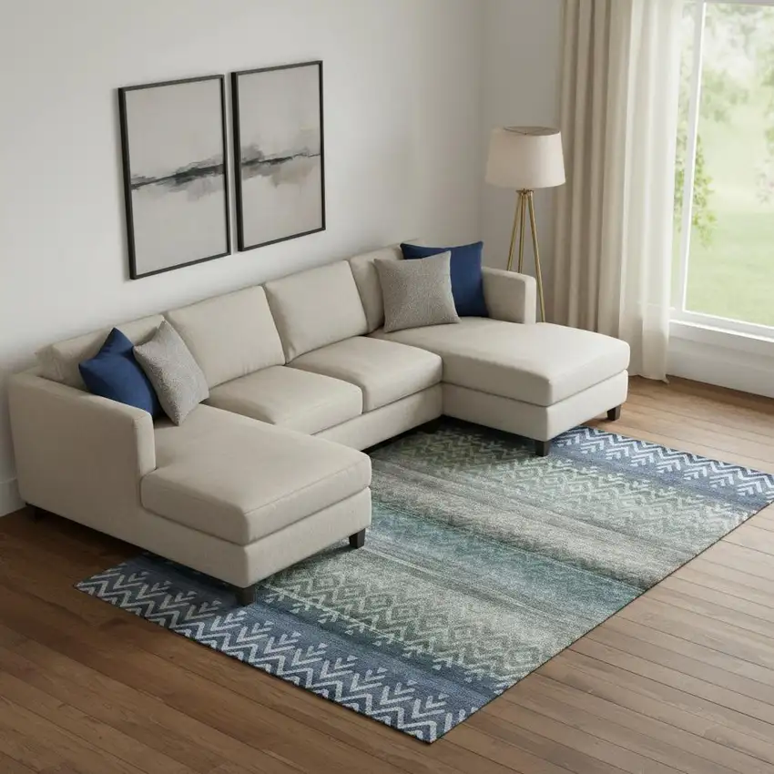 Blue And Gray Geometric Washable Area Rug With UV Protection Photo 2