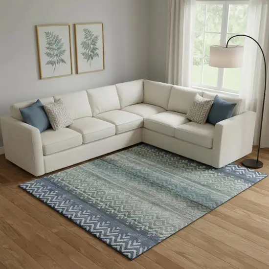 Blue And Gray Geometric Washable Area Rug With UV Protection Photo 2