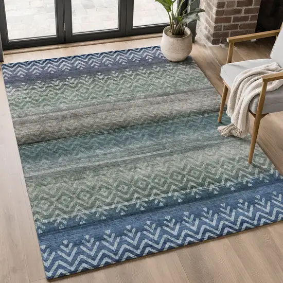 Blue And Gray Geometric Washable Area Rug With UV Protection Photo 5