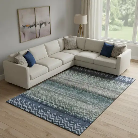 Blue And Gray Geometric Washable Area Rug With UV Protection Photo 2