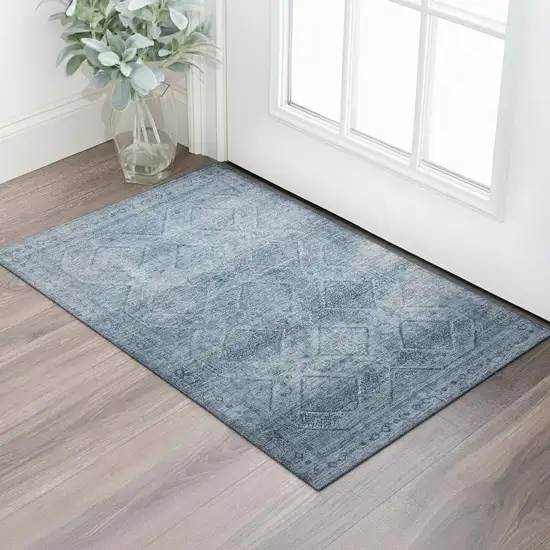 Blue And Gray Geometric Washable Area Rug With UV Protection Photo 2