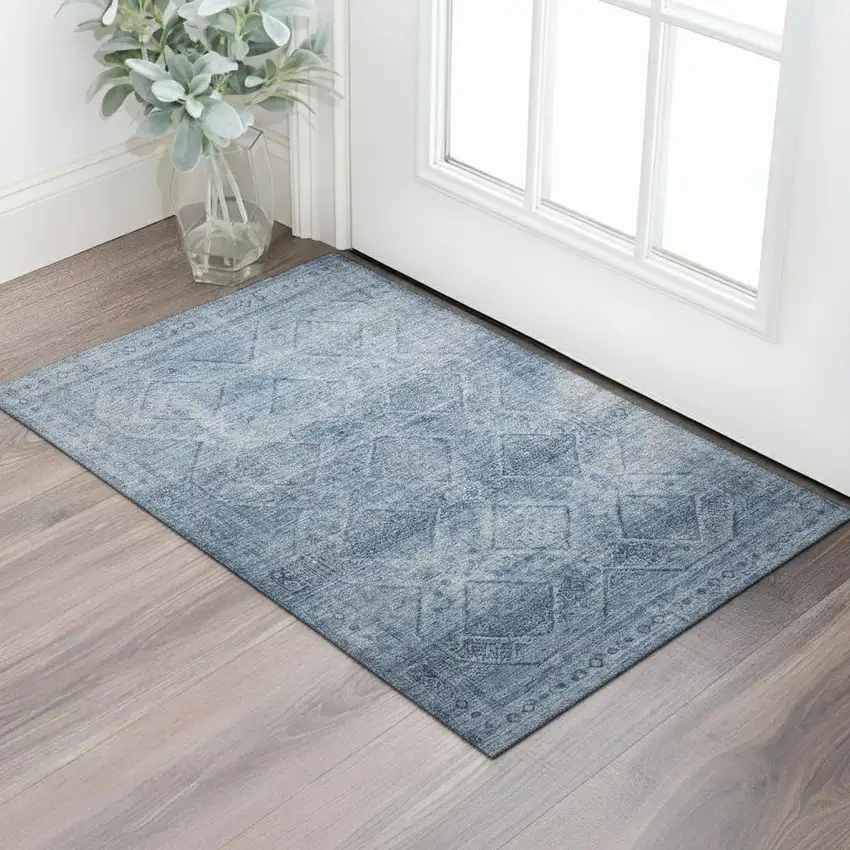 Blue And Gray Geometric Washable Area Rug With UV Protection Photo 2
