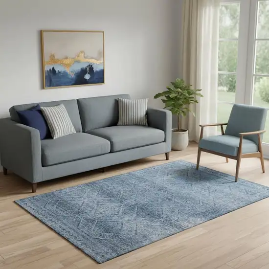 Blue And Gray Geometric Washable Area Rug With UV Protection Photo 2