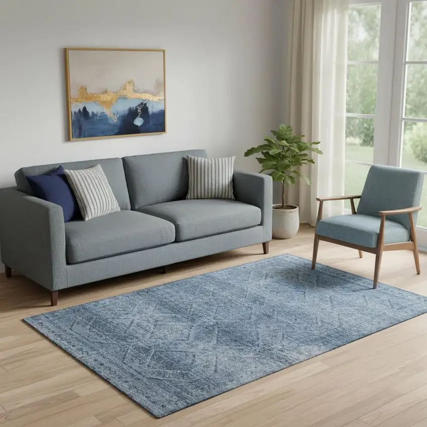 Blue And Gray Geometric Washable Area Rug With UV Protection Photo 2