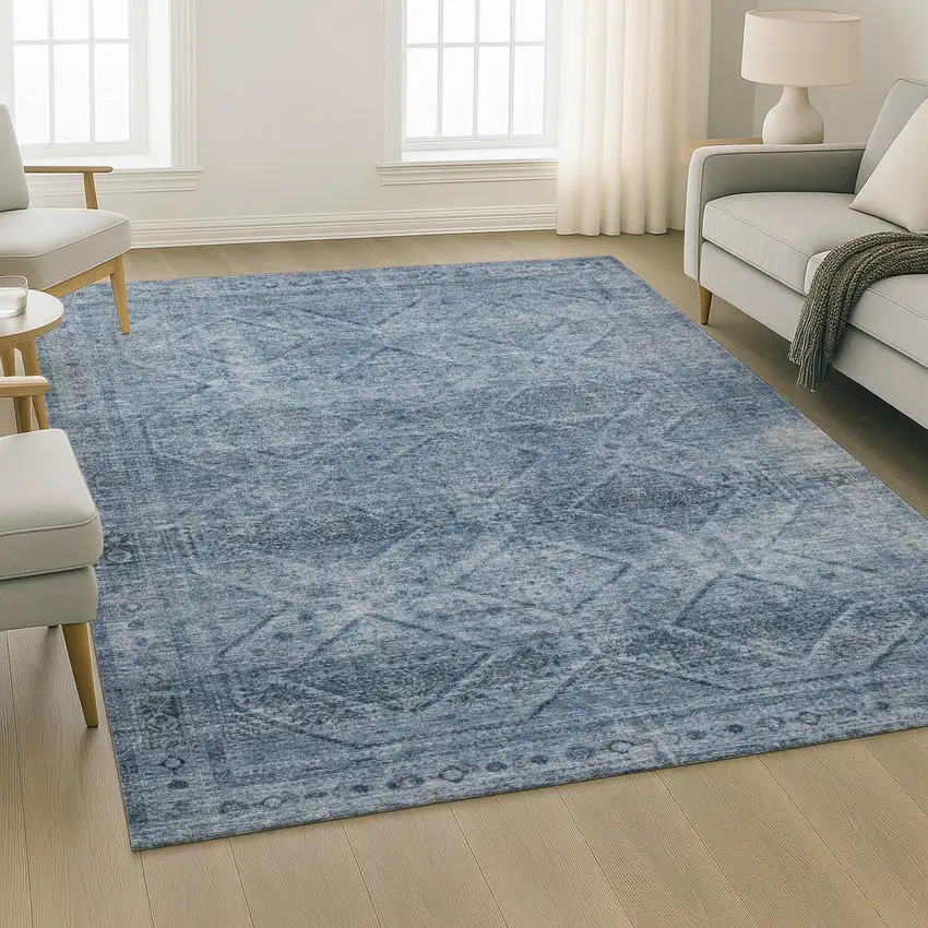 Blue And Gray Geometric Washable Area Rug With UV Protection Photo 6