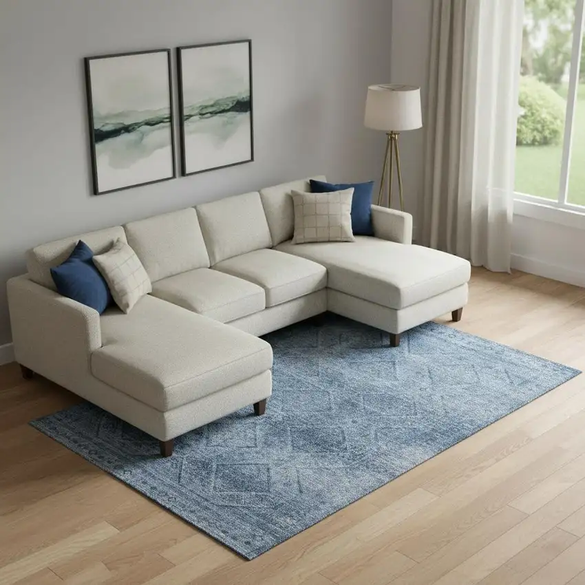 Blue And Gray Geometric Washable Area Rug With UV Protection Photo 2