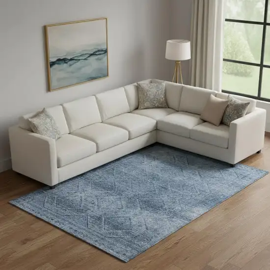 Blue And Gray Geometric Washable Area Rug With UV Protection Photo 2