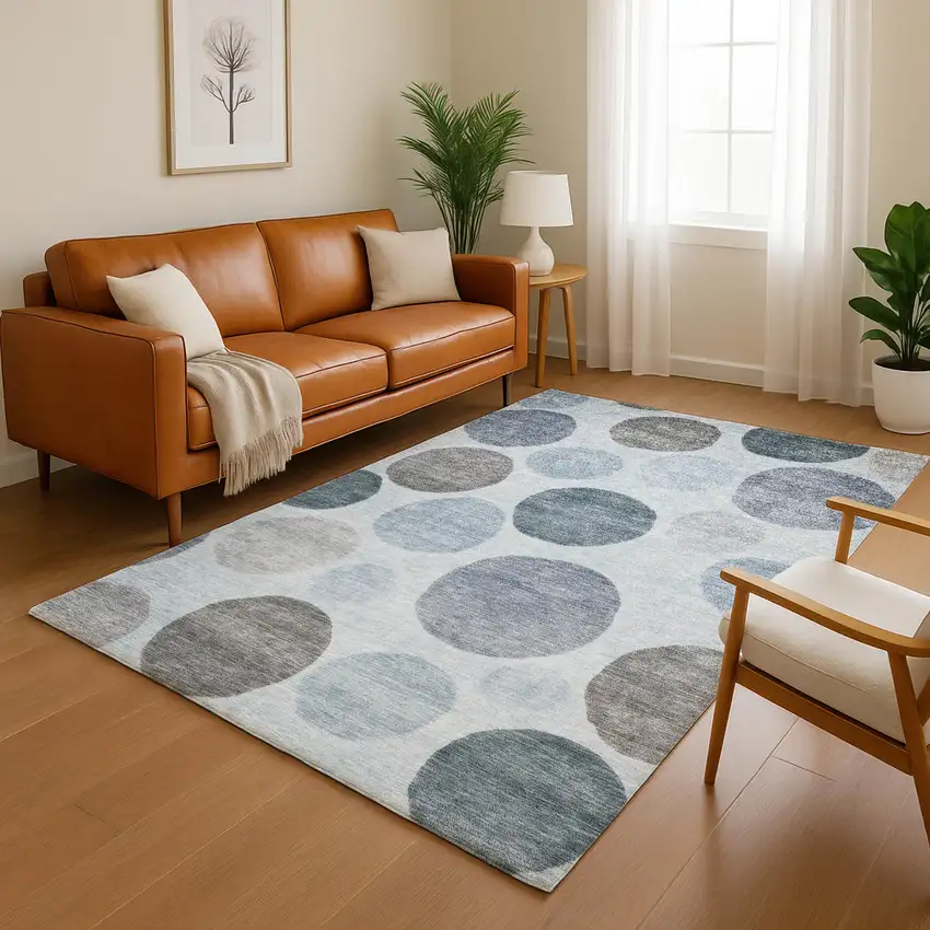 Blue And Gray Geometric Washable Area Rug With UV Protection Photo 5