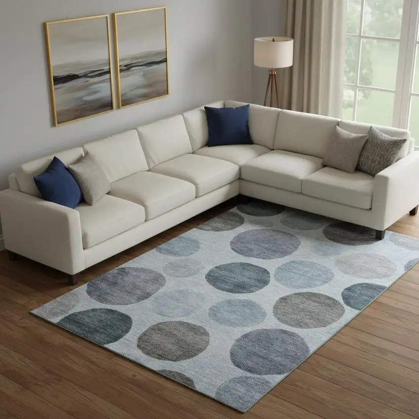 Blue And Gray Geometric Washable Area Rug With UV Protection Photo 2