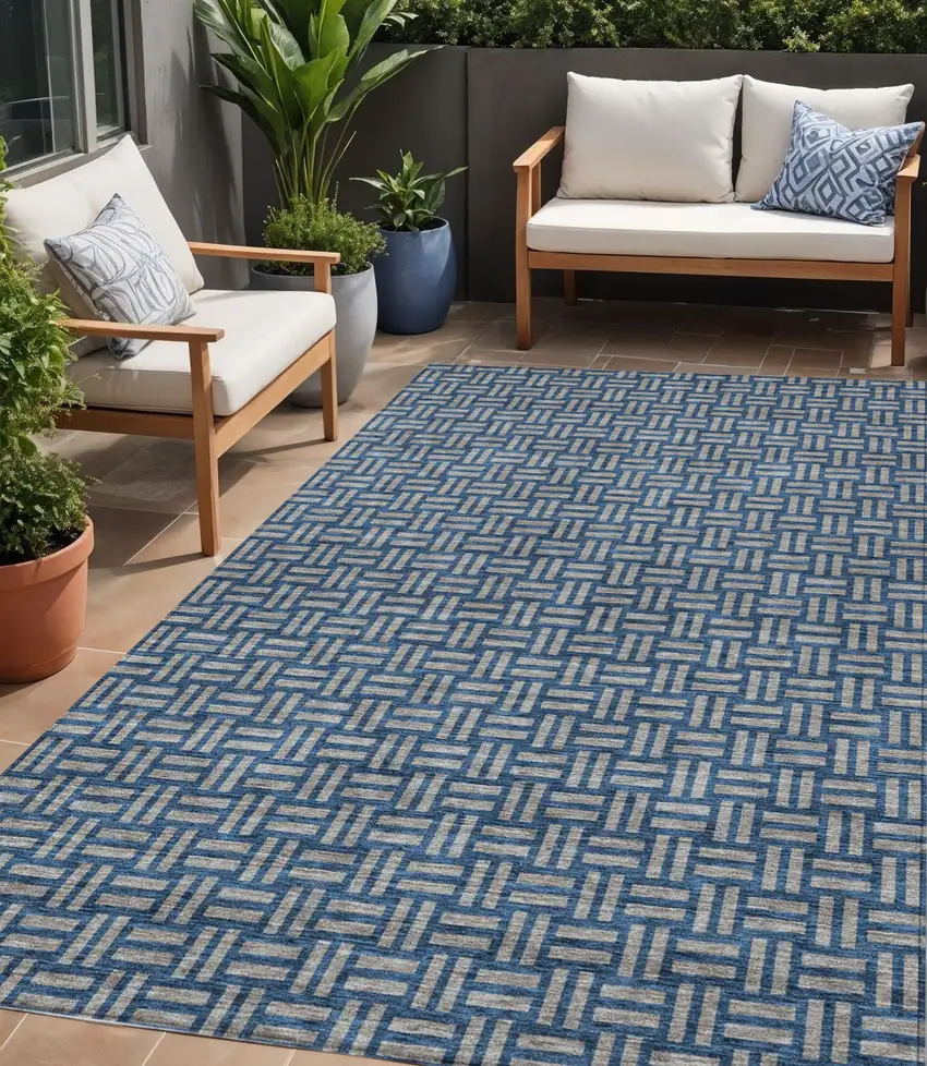 Blue And Gray Geometric Washable Indoor Outdoor Area Rug Photo 1