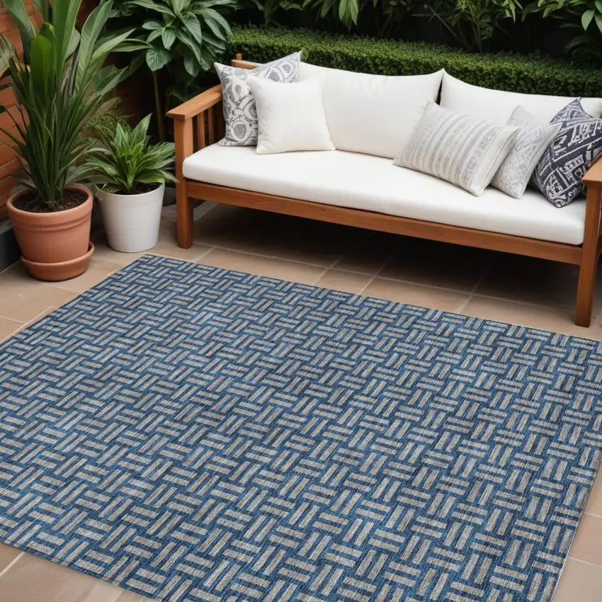 Blue And Gray Geometric Washable Indoor Outdoor Area Rug Photo 1