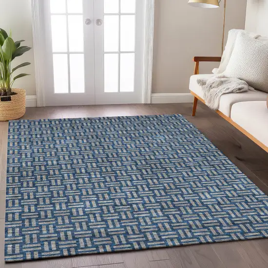 Blue And Gray Geometric Washable Indoor Outdoor Area Rug Photo 9