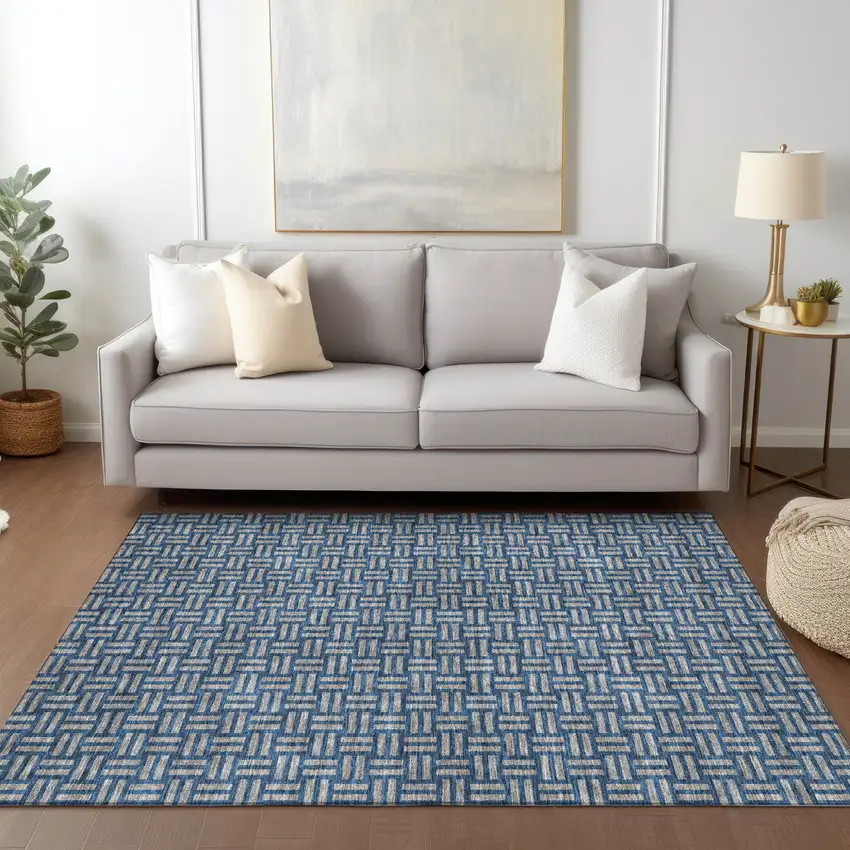 Blue And Gray Geometric Washable Indoor Outdoor Area Rug Photo 9